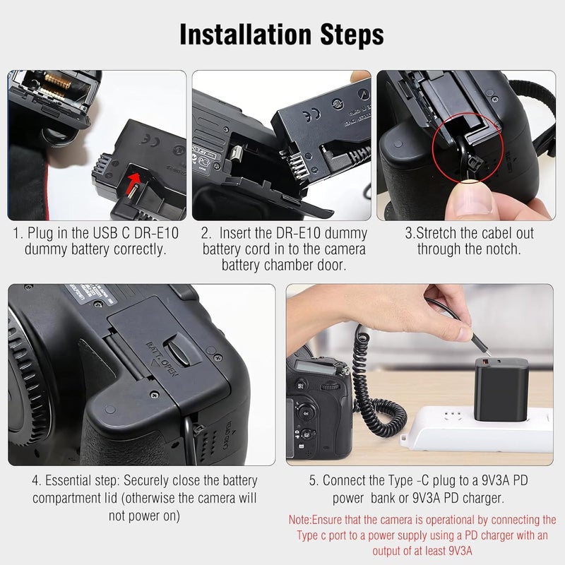 F1TP ACK-E10 LP-E10 EOS Rebel T7 Dummy Battery DR-E10 DC Coupler Kit with USB-C Cable for Canon EOS T7 T6 T5 T3, Kiss X50 X70 X80 X90, EOS 1100D 1200D 1300D 1500D 2000D Digital Camera (LP-E10) - Image 4